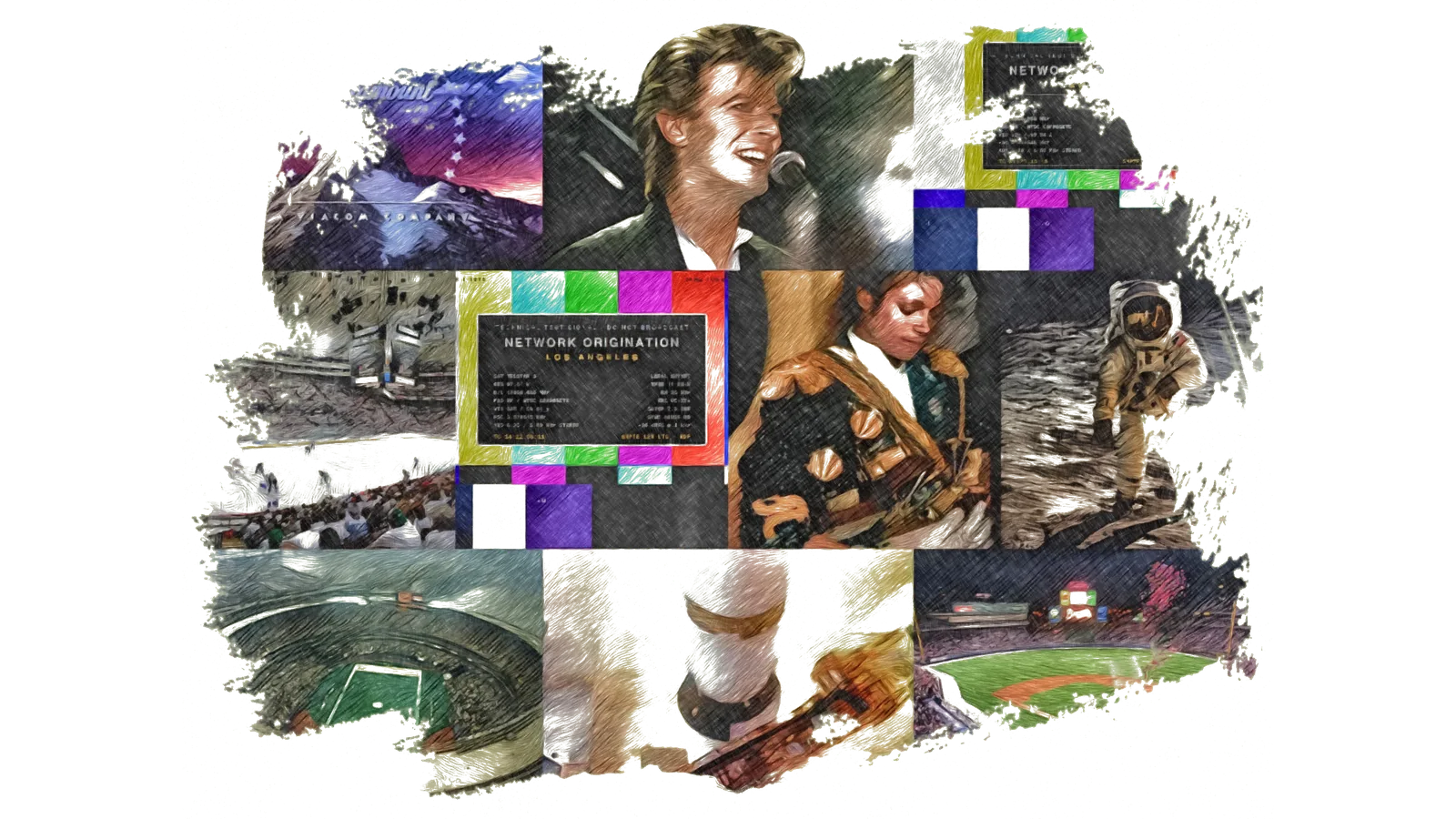 A collage of 1990s media-career imagery: a rock concert, broadcast technical slates, a stadium, NFL and space-program ephemera