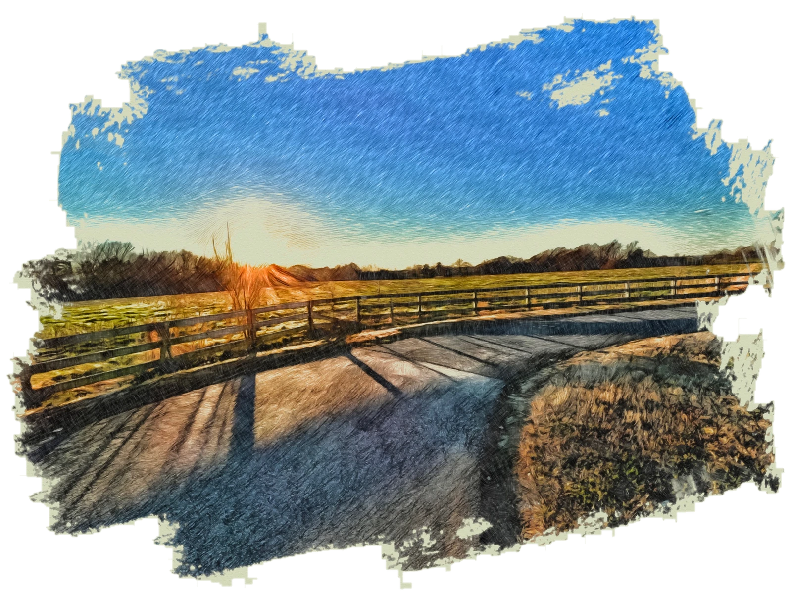 The Virginia Capital Trail at sunset, rendered as a pencil illustration — a wooden boardwalk bridge over still water, the sun low on the horizon.