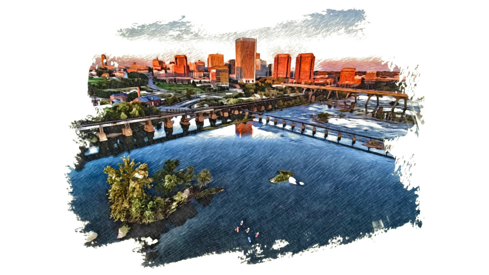 The Richmond skyline above the James River in summer, rendered as a pencil illustration — the downtown towers warm against the water, rail bridges crossing the river, kayakers below.