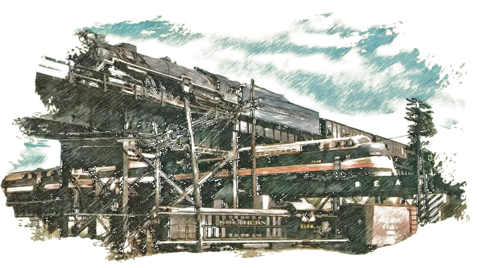 Richmond's Triple Crossing, rendered as a pencil illustration — three railroad lines stacked one above another, the only place in the country where three rail lines cross at separate levels.