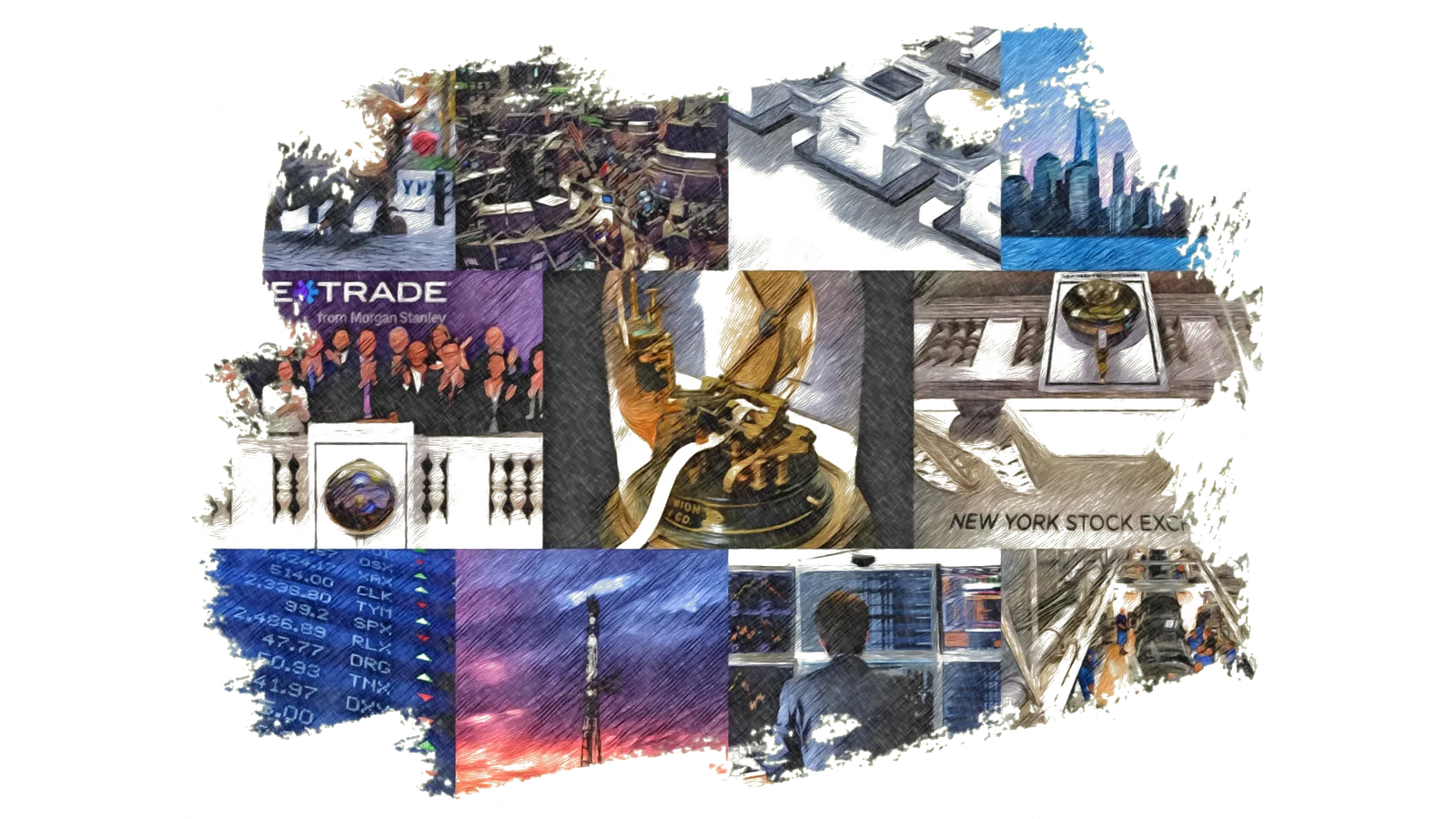 A collage of financial-services imagery: stock exchange floor, ticker tape, institutional brokerage signage